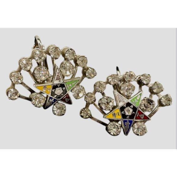 Order of the Eastern Star Vtg Rhinestone Clip On Earrings Masonic - Picture 2 of 3